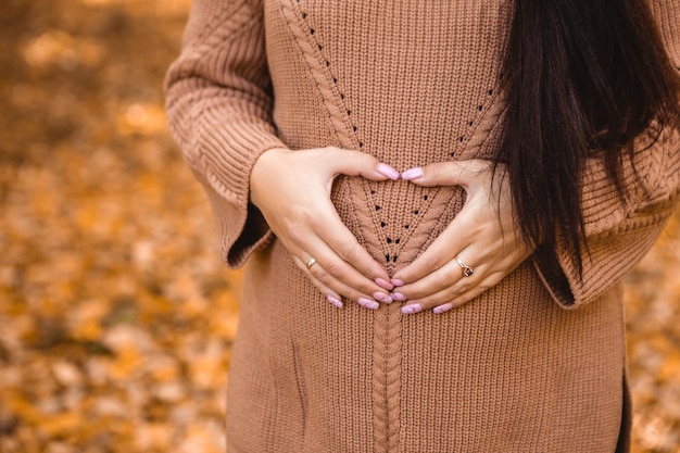 Imagem recortada de uma mulher grávida parada no parque da cidade de outono, mostrando sinal de coração amor positivo