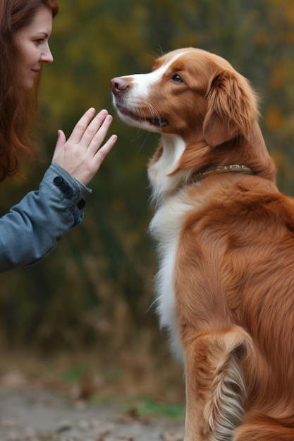 Foto imagem recortada de uma mulher pedindo para você acariciar seu cachorro criada com ia generativa