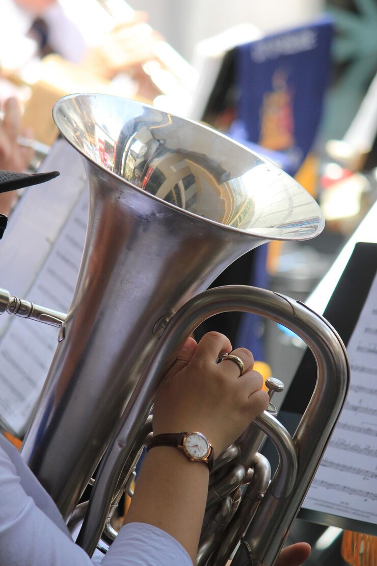 Foto imagem recortada de uma pessoa tocando tuba