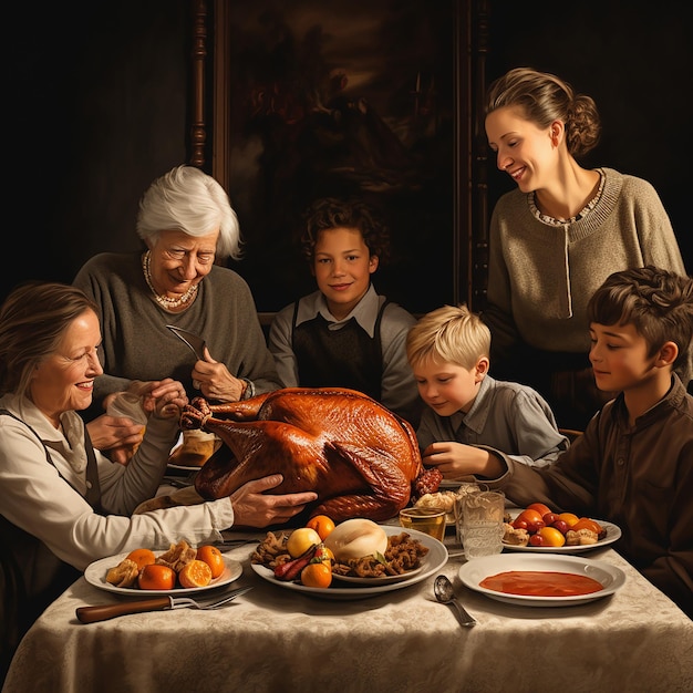 Imagem renderizada em 3D da família na mesa de Ação de Graças