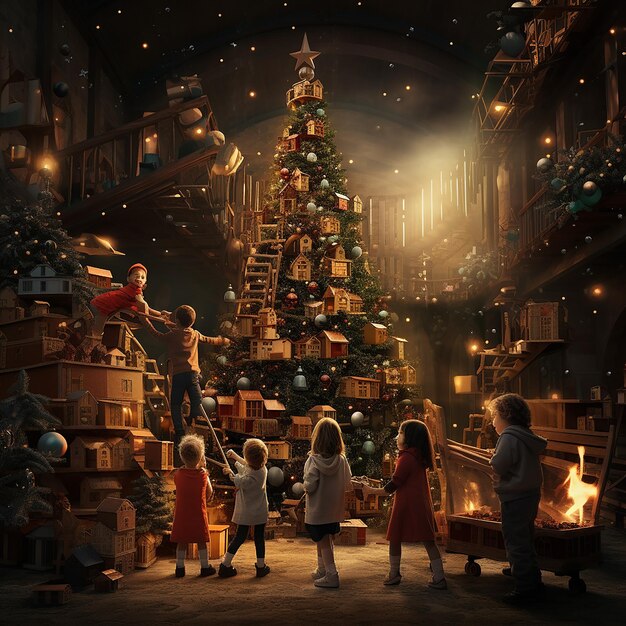 Imagem renderizada em 3D de árvore de Natal com crianças brincando