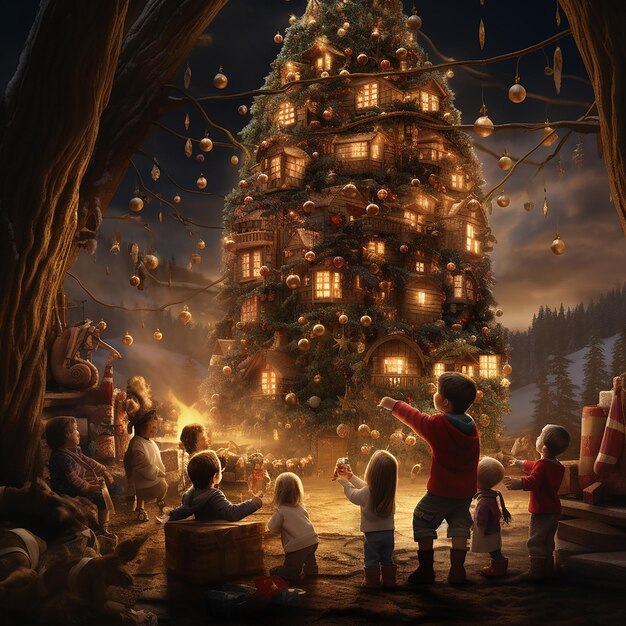 Imagem renderizada em 3D de árvore de Natal com crianças brincando