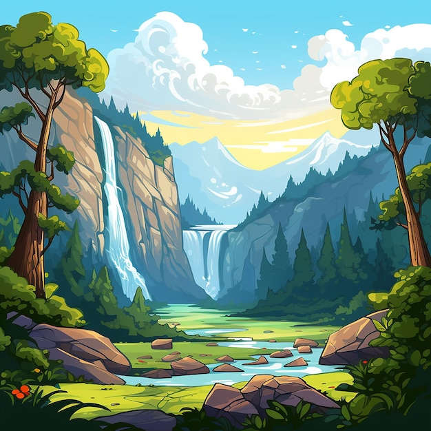 Foto imagem renderizada em 3d de cachoeiras, montanhas e árvores com paisagem de fundo natural