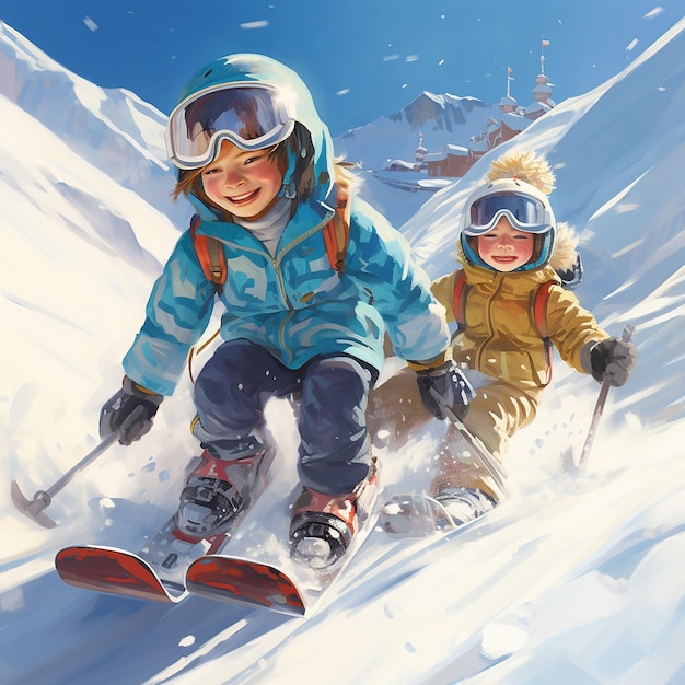 Imagem renderizada em 3D de crianças esquiando pela encosta em neve profunda no inverno