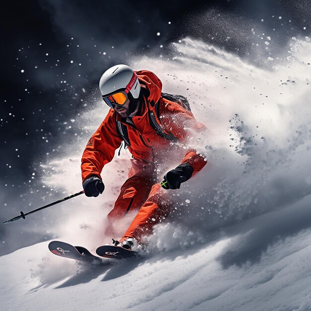 Imagem renderizada em 3D de esquiador masculino esquiando em uma encosta nas montanhas