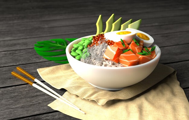 Imagem renderizada em 3D de Tigela Poke Havaiana Tigela Poke Peixe Salmão com Arroz Abacate Ovo Cebola Feijão