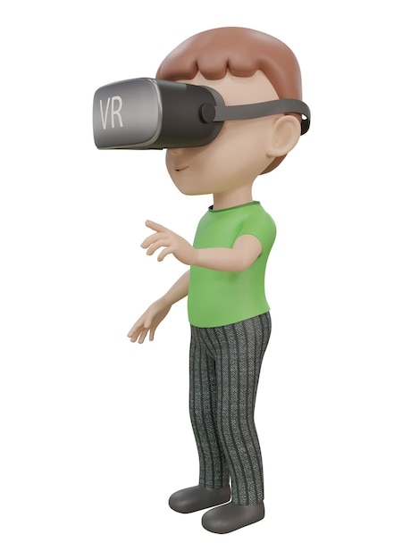 Imagem renderizada em 3D de um garoto de desenho animado usando fone de ouvido de realidade virtual em diferentes ângulos