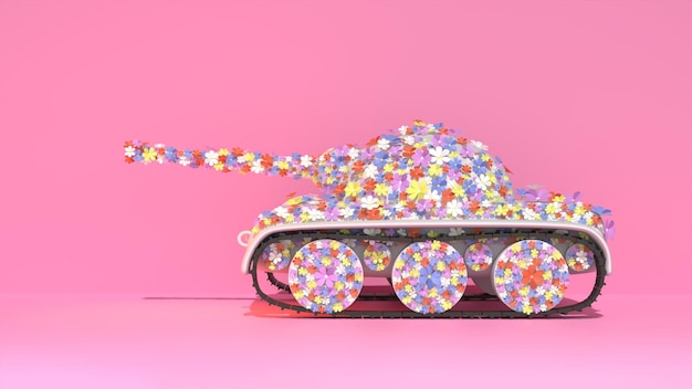 Imagem renderizada em 3D de um tanque coberto de muitas flores em fundo rosa
