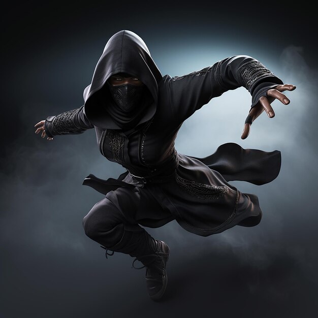 Foto imagem renderizada em 3d de uma assassina feminina que está usando um capuz preto jogando estrelas ninja