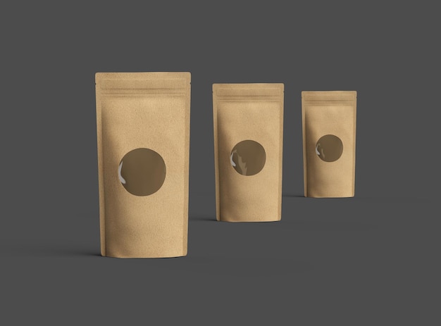 Imagem renderizada em 3D de uma bolsa de papel com uma janela transparente em fundo escuro