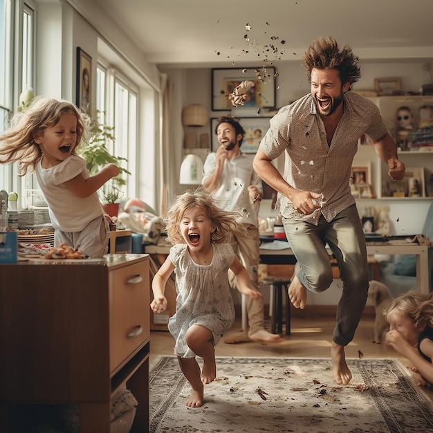 Foto imagem renderizada em 3d de uma família feliz se divertindo em casa