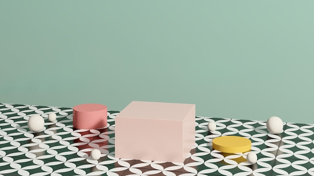 Imagem renderizada em 3d rosa amarelo pódio com fundo verde anúncio de exibição de produto