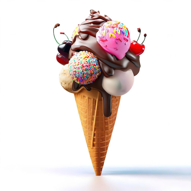 Imagem renderizada por computador em 3D de um cone de sorvete com colheres de diferentes sabores cobertas com salsichas de cerejas e molho de chocolate