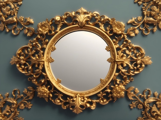 Imagem retangular antiga dourada ou moldura de espelho ricamente decorada 3D Generate Ai