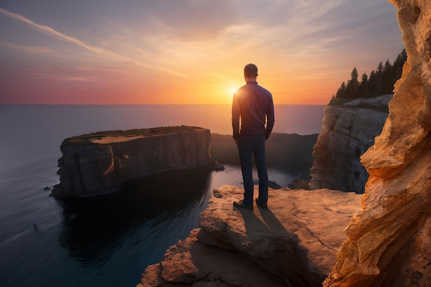 Imagem retroiluminada de um homem olhando o pôr do sol parado em um penhasco criado com tecnologia generativa de IA