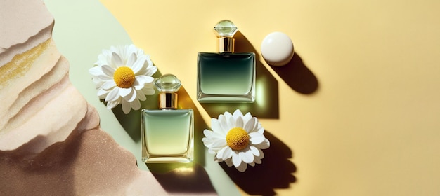 Imagem romântica de primavera fresca elegantes frascos de perfume de vidro transparente banner de perfumaria elegante generative ai