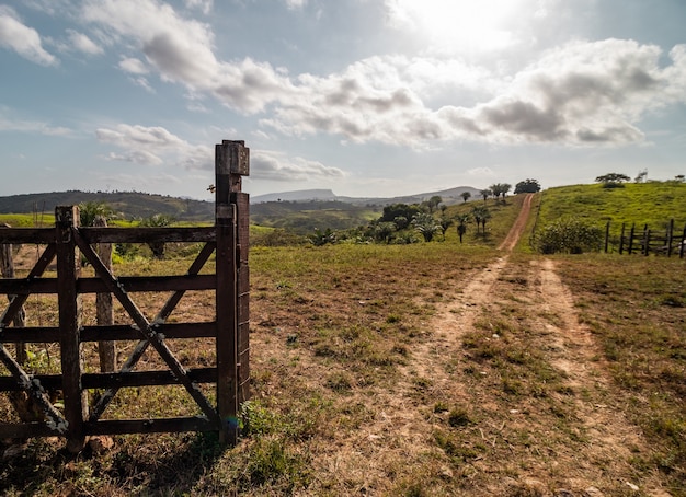 Imagem rural em uma fazenda com portão de madeira, estrada de terra, sol e colinas ao fundo.