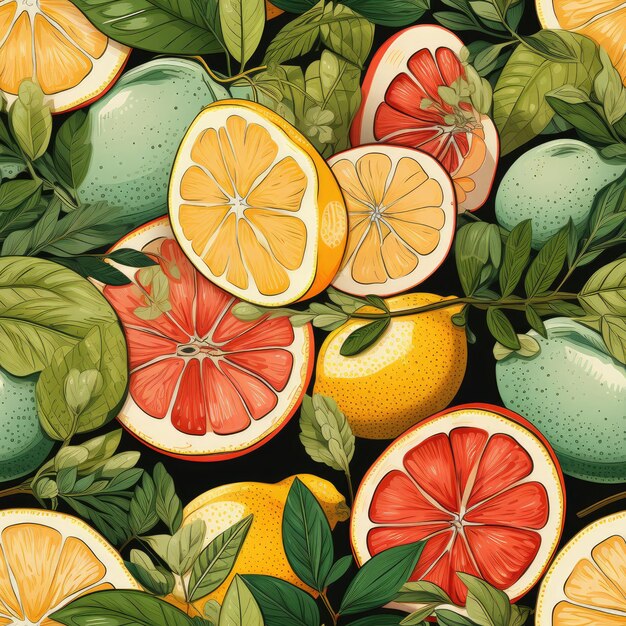 Imagem sem costura de fatias de pomelo laranja-limão e folhas de hortelã