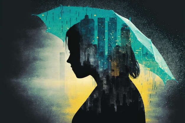 Imagem sobreposta com contorno de mulher segurando guarda-chuva em paisagem urbana noturna sobreposta à cabeça de homem Conceito de fantasia Ilustração pintura IA generativa