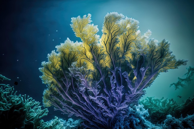 Imagem subaquática da couve do mar de Laminaria no recife salgado do oceano