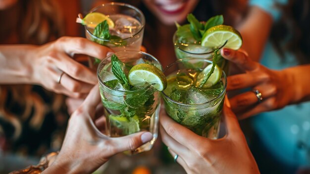 Imagem superior de um restaurante bar de coquetéis com mãos femininas afiadas segurando copos de mojito IA generativa