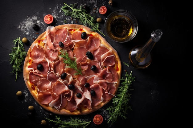 Imagem superior uma pizza italiana com azeitonas pretas, prosciutto e molho sofisticado