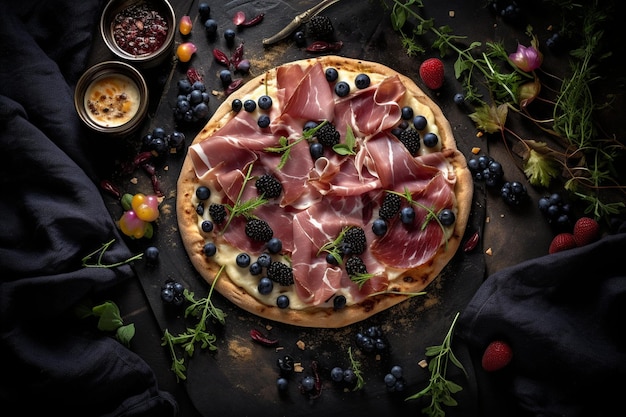 Imagem superior uma pizza italiana com azeitonas pretas, prosciutto e molho sofisticado