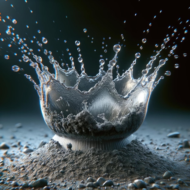 imagem supermacro 5X de uma gota de água ao impactar o solo