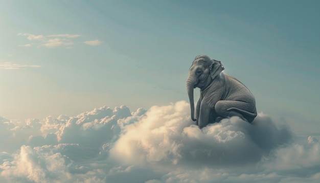 Imagem surreal de um elefante calmo sentado em cima de nuvens fofas contra um céu macio