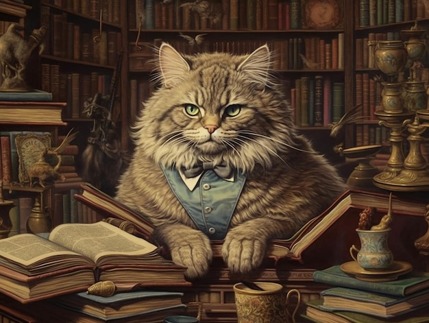 Imagem surrealista de um professor gato em uma biblioteca com detalhes insanos IA geradora