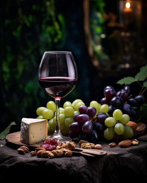 Foto imagem uhd de uva e queijo de vinho vermelho