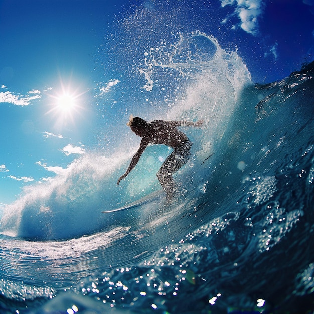 Imagem ultra detalhada de uma pessoa em uma prancha de surf em um pôr-do-sol de onda no fundo