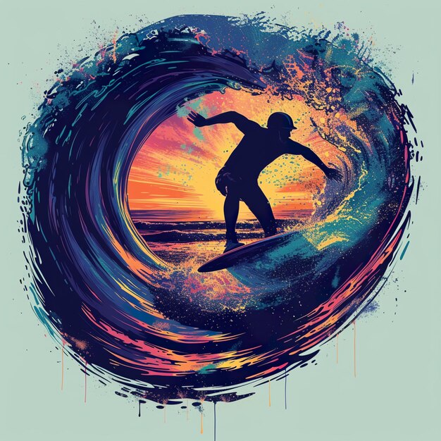 Imagem ultra detalhada de uma pessoa em uma prancha de surf em um pôr-do-sol de onda no fundo