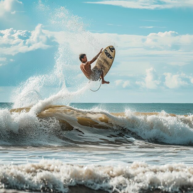 Imagem ultra detalhada de uma pessoa em uma prancha de surf em um pôr-do-sol de onda no fundo