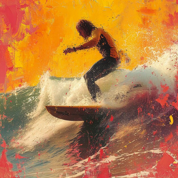 Imagem ultra detalhada de uma pessoa em uma prancha de surf em um pôr-do-sol de onda no fundo