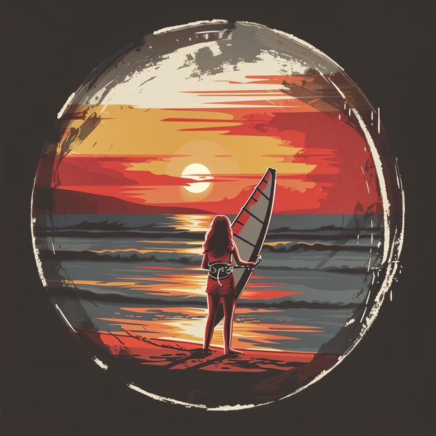 Imagem ultra detalhada de uma pessoa em uma prancha de surf em um pôr-do-sol de onda no fundo