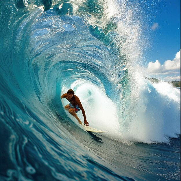 Imagem ultra detalhada de uma pessoa em uma prancha de surf em um pôr-do-sol de onda no fundo