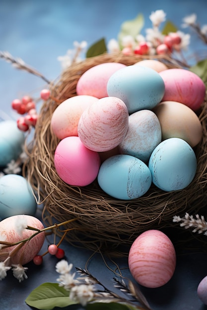 imagem vertical de cores pastel ovos de Páscoa em ninho de vime fundo azul cercado de flores bagas