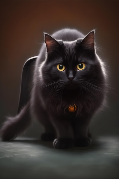 Imagem vertical de gato preto com olhos amarelos sobre um fundo preto criado usando tecnologia ai