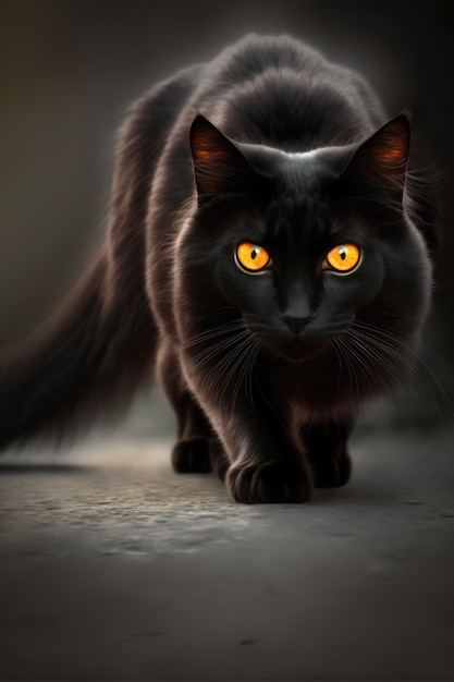 Imagem vertical de gato preto com olhos amarelos sobre um fundo preto criado usando tecnologia ai