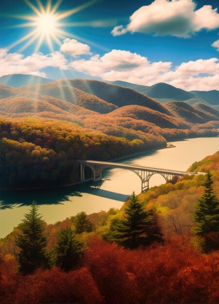 Imagem vertical de nuvens de paisagem sobre colinas e pontes criadas usando tecnologia ai