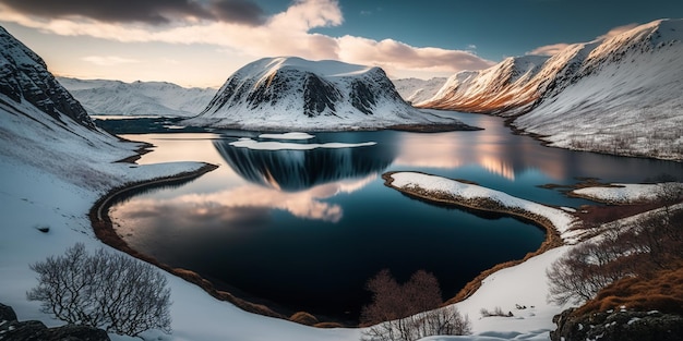 Imagem vertical de um lago cercado por montanhas cobertas de neve em Tromsø, na Noruega