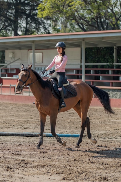 Imagem vertical de uma jovem que está montando um cavalo enquanto toma aulas em um centro equestre