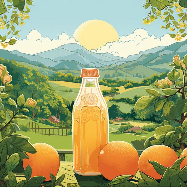 imagem vetorial de suco de laranja com laranjas em um fundo de paisagem verde