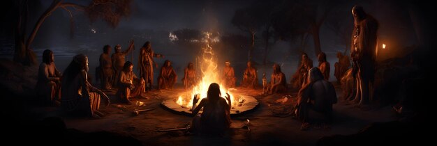 Foto imagem vibrante de aborígenes envolvidos em cerimônia tradicional sob o céu do crepúsculo