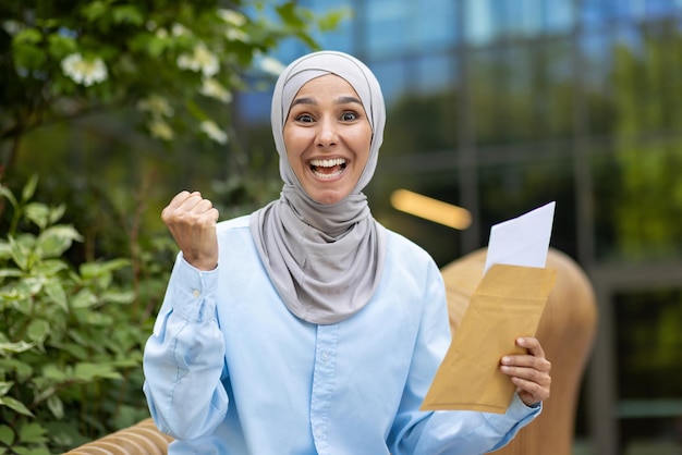 Imagem vibrante de uma mulher muçulmana alegre usando um hijab celebrando exuberantemente enquanto segura um