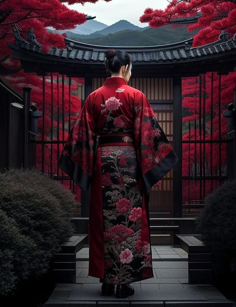 imagem yakuza usa quimono preto com fundo vermelho portão japão qualidade 8k proporção HD 916