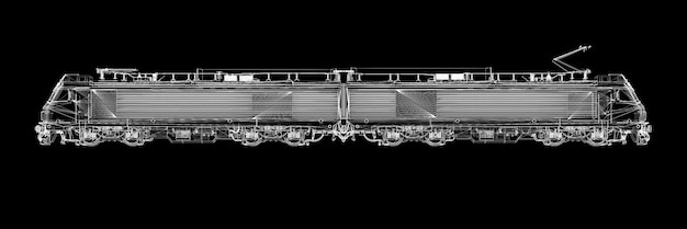 Imagen 3 d de una locomotora eléctrica en una carcasa de alambre contra un fondo