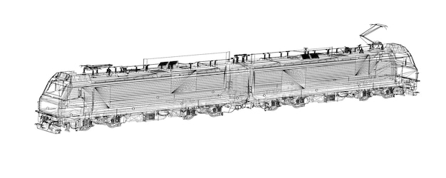 Imagen 3 d de una locomotora eléctrica en una carcasa de alambre contra un fondo