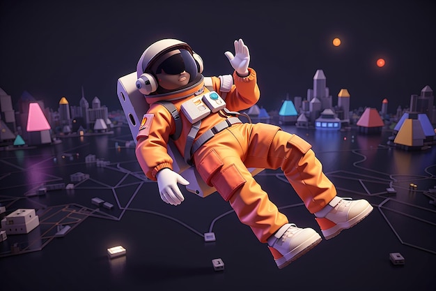 Imagen en 3D de astronauta de neón flotando en el metaverso con fondo negro en 3D